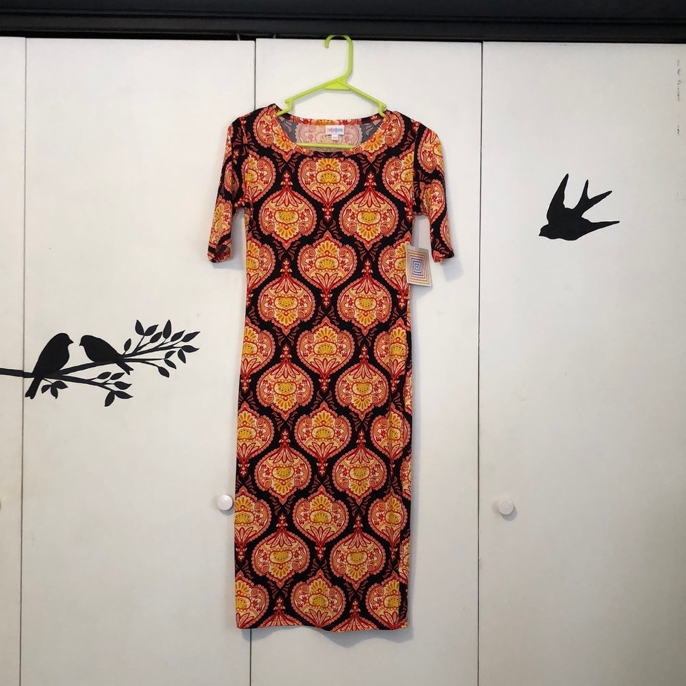 LuLaRoe Julia XXS dress black orange and yellow damask style print NWT